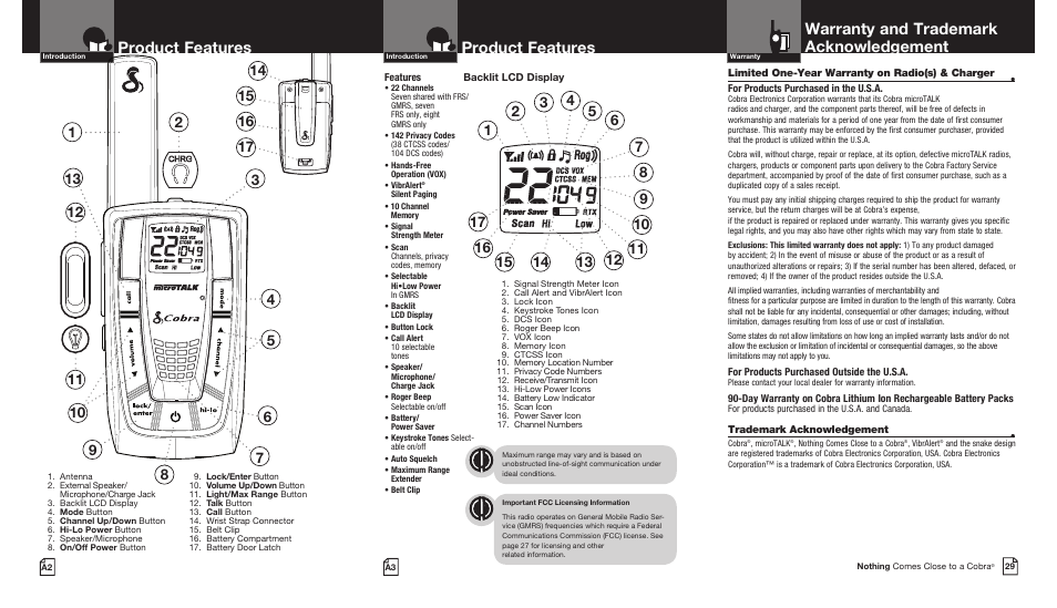 Product features, Warranty and trademark acknowledgement | Cobra Electronics CXR725 User Manual | Page 2 / 17