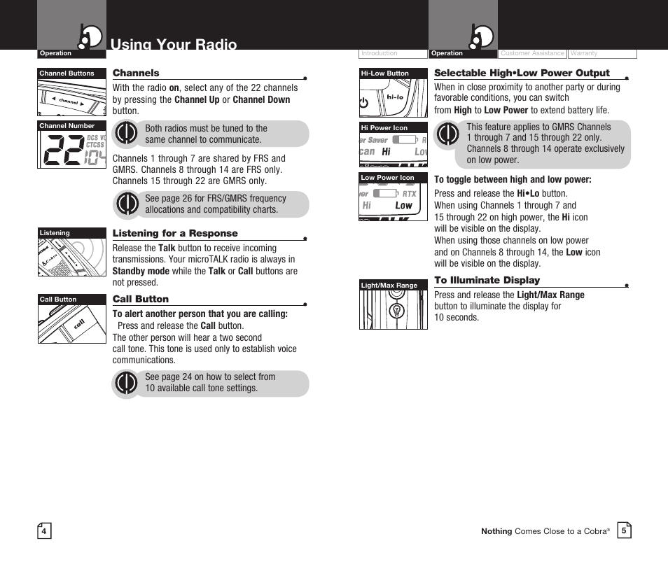 Using your radio | Cobra Electronics CXR725 User Manual | Page 5 / 17