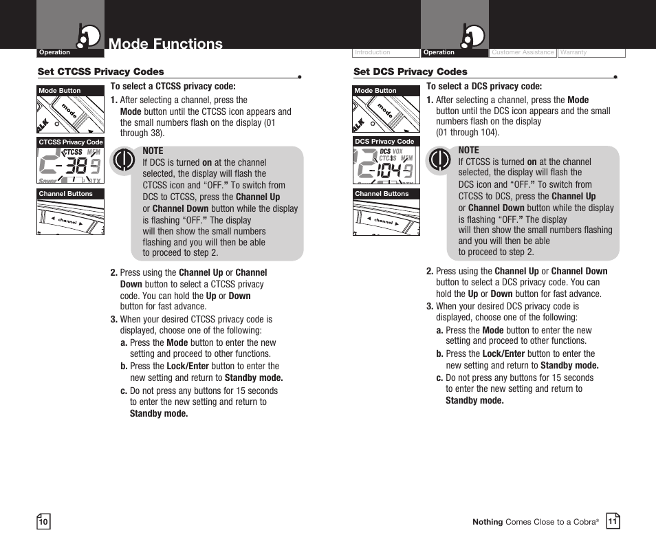 Mode functions | Cobra Electronics CXR725 User Manual | Page 8 / 17