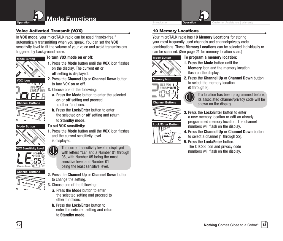 Mode functions | Cobra Electronics CXR725 User Manual | Page 9 / 17