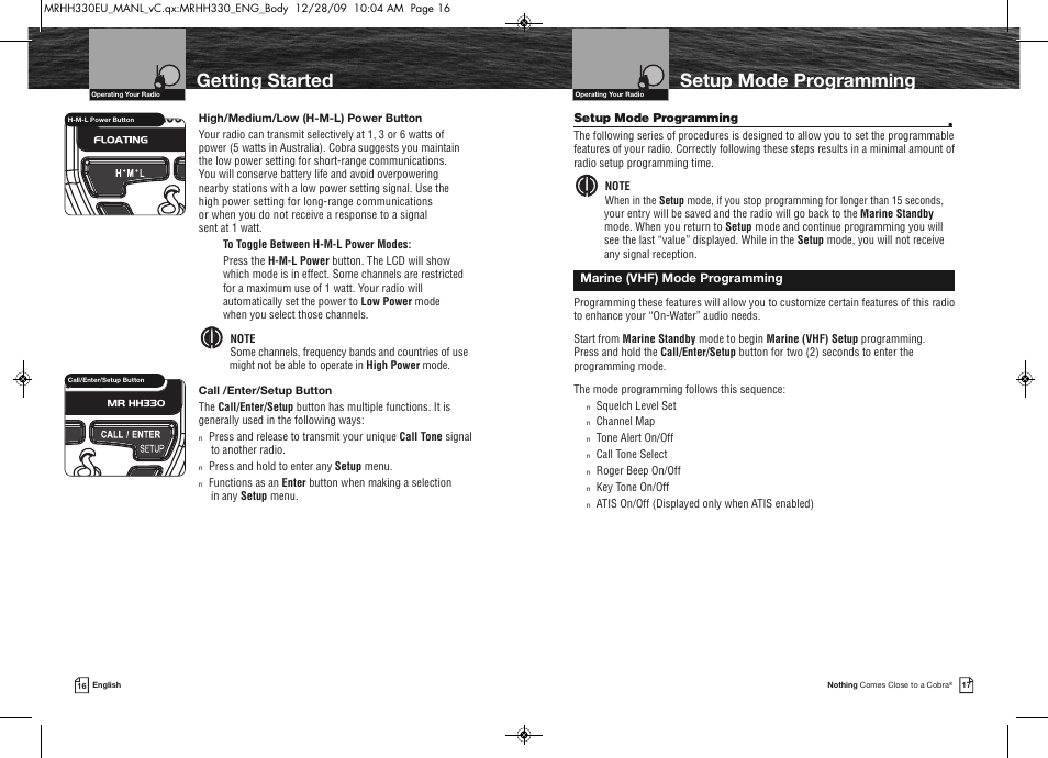 Setup mode programming, Getting started | Cobra Electronics COBRA MARINE MR HH330 FLT EU User Manual | Page 11 / 27