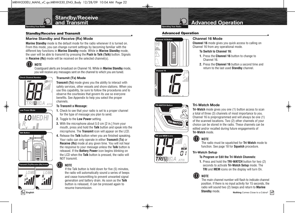 Standby/receive and transmit, Advanced operation | Cobra Electronics COBRA MARINE MR HH330 FLT EU User Manual | Page 14 / 27