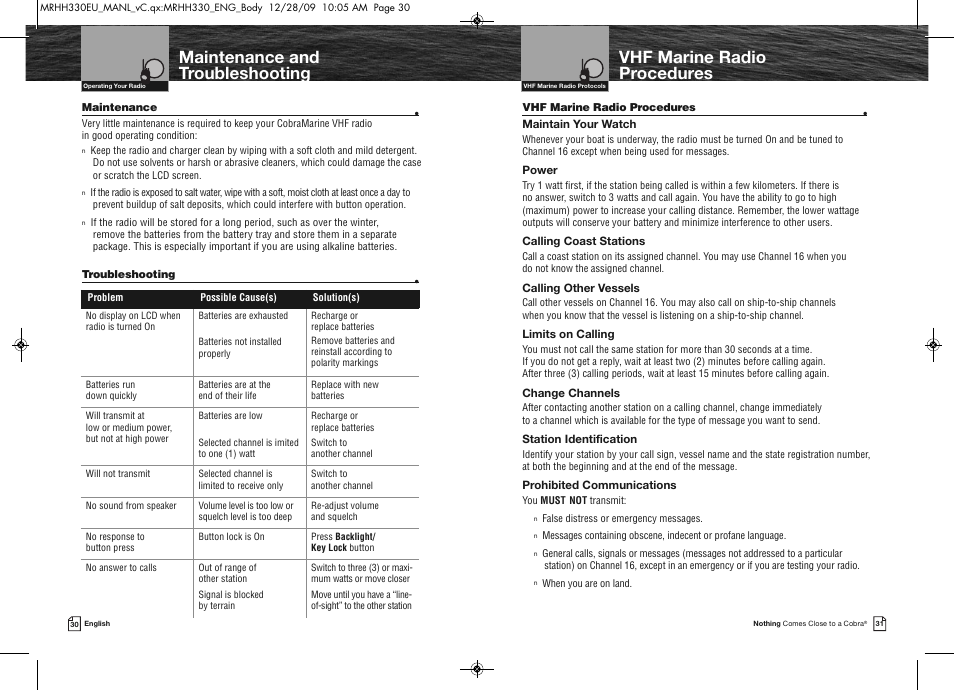 Vhf marine radio procedures, Maintenance and troubleshooting | Cobra Electronics COBRA MARINE MR HH330 FLT EU User Manual | Page 18 / 27