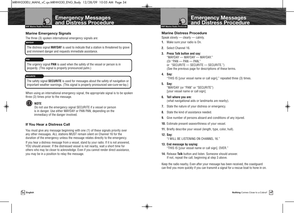 Emergency messages and distress procedure | Cobra Electronics COBRA MARINE MR HH330 FLT EU User Manual | Page 20 / 27