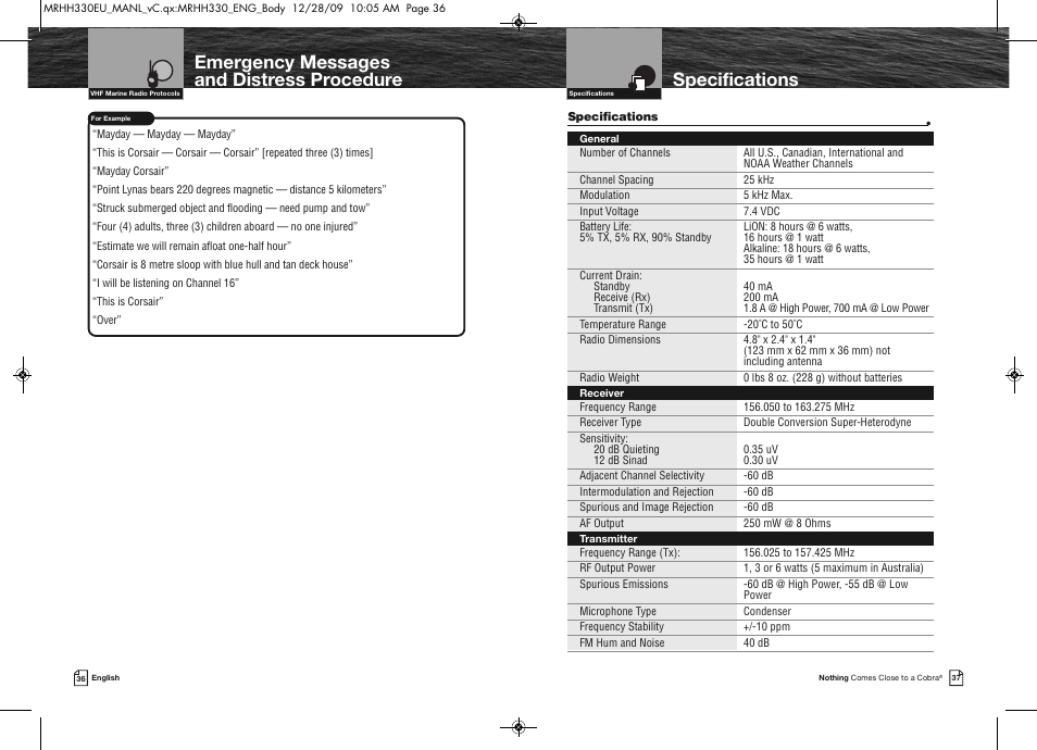 Specifications, Emergency messages and distress procedure | Cobra Electronics COBRA MARINE MR HH330 FLT EU User Manual | Page 21 / 27