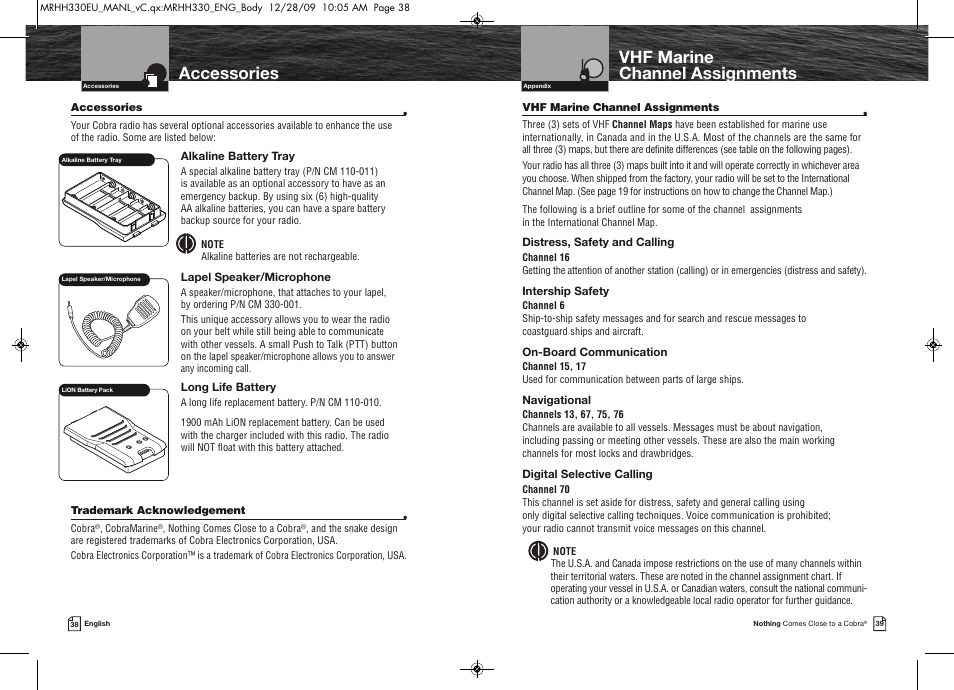 Vhf marine channel assignments, Accessories | Cobra Electronics COBRA MARINE MR HH330 FLT EU User Manual | Page 22 / 27