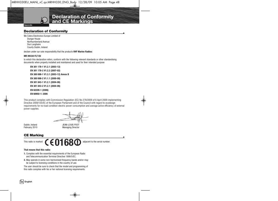 Declaration of conformity and ce markings | Cobra Electronics COBRA MARINE MR HH330 FLT EU User Manual | Page 27 / 27