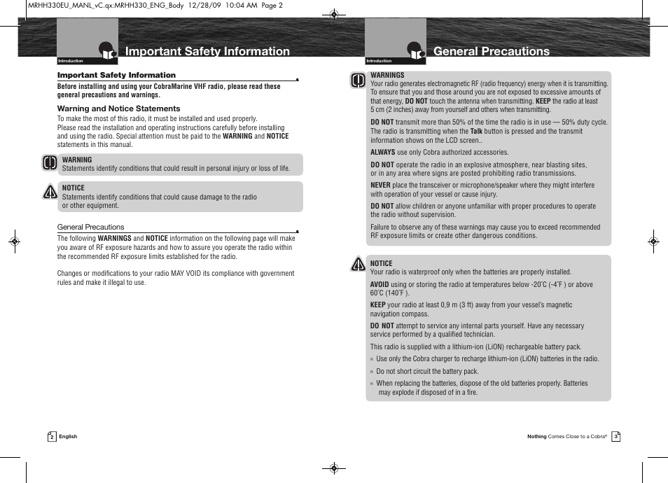 General precautions, Important safety information | Cobra Electronics COBRA MARINE MR HH330 FLT EU User Manual | Page 4 / 27