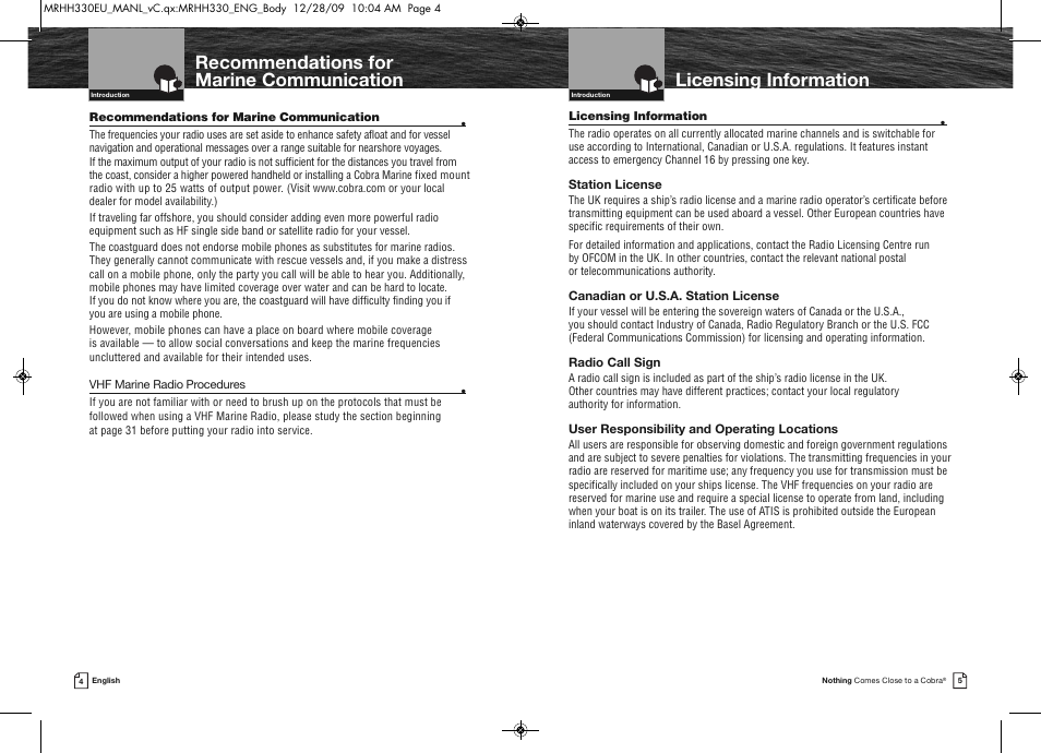 Licensing information, Recommendations for marine communication | Cobra Electronics COBRA MARINE MR HH330 FLT EU User Manual | Page 5 / 27