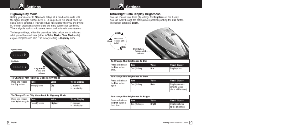Settings, Ultrabright data display brightness, Highway/city mode | Cobra Electronics PRO 9480 User Manual | Page 6 / 16