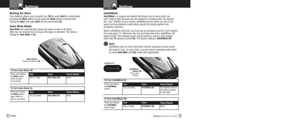 Settings, Muting an alert, Auto mute mode | Intellimute | Cobra Electronics PRO 9480 User Manual | Page 7 / 16