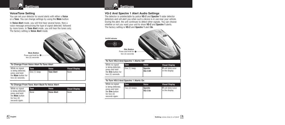 Settings, Vg-2 and spectre 1 alert audio settings, Voice/tone setting | Cobra Electronics PRO 9480 User Manual | Page 9 / 16