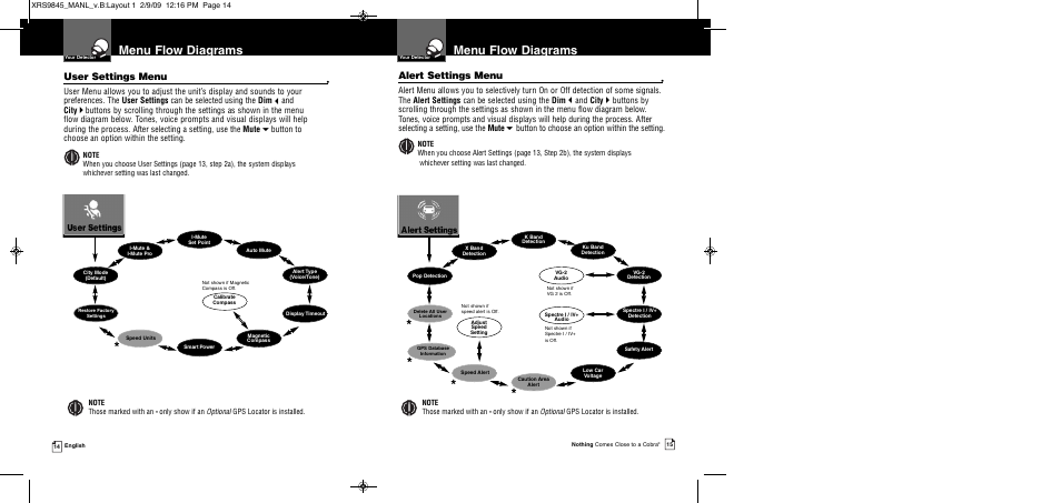 Menu flow diagrams, Alert settings menu, User settings menu | And city, Button to choose an option within the setting | Cobra Electronics XRS 9845 User Manual | Page 10 / 23