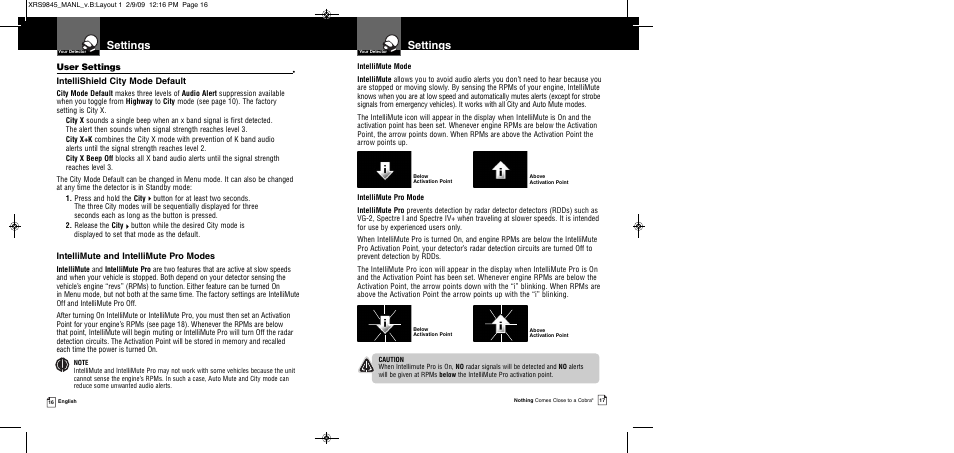 Settings, User settings, Intellishield city mode default | Intellimute and intellimute pro modes | Cobra Electronics XRS 9845 User Manual | Page 11 / 23