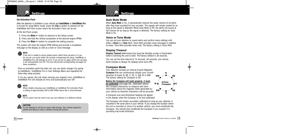 Settings, Compass mode, Auto mute mode | Voice or tone mode, Display timeout | Cobra Electronics XRS 9845 User Manual | Page 12 / 23