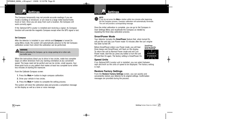 Settings, Smartpower mode, Speed units | Restore factory settings | Cobra Electronics XRS 9845 User Manual | Page 13 / 23