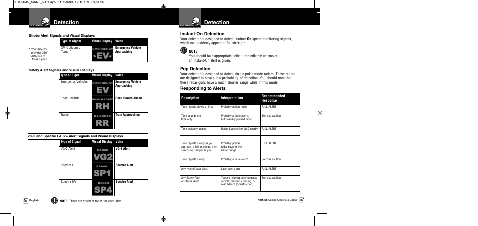 Detection, Instant-on detection, Pop detection | Responding to alerts | Cobra Electronics XRS 9845 User Manual | Page 16 / 23