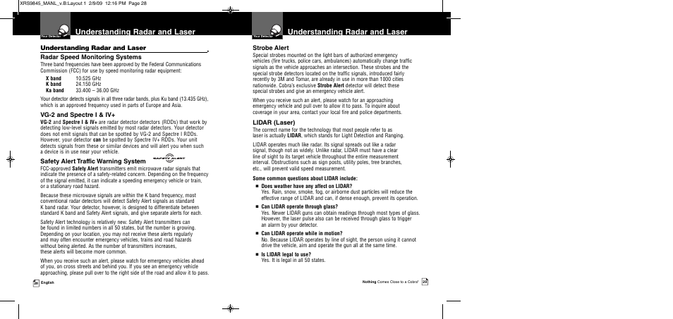 Understanding radar and laser, Radar speed monitoring systems, Vg-2 and spectre i & iv | Safety alert traffic warning system, Strobe alert, Lidar (laser) | Cobra Electronics XRS 9845 User Manual | Page 17 / 23