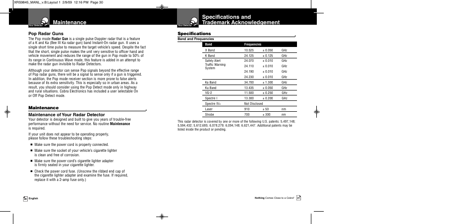Specifications and trademark acknowledgement, Maintenance, Pop radar guns | Maintenance of your radar detector, Specifications | Cobra Electronics XRS 9845 User Manual | Page 18 / 23