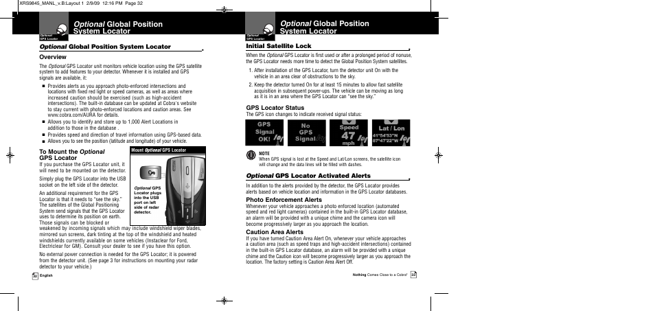 Optional global position system locator, Overview, Gps locator status | Initial satellite lock, Optional gps locator activated alerts, Photo enforcement alerts, Caution area alerts | Cobra Electronics XRS 9845 User Manual | Page 19 / 23