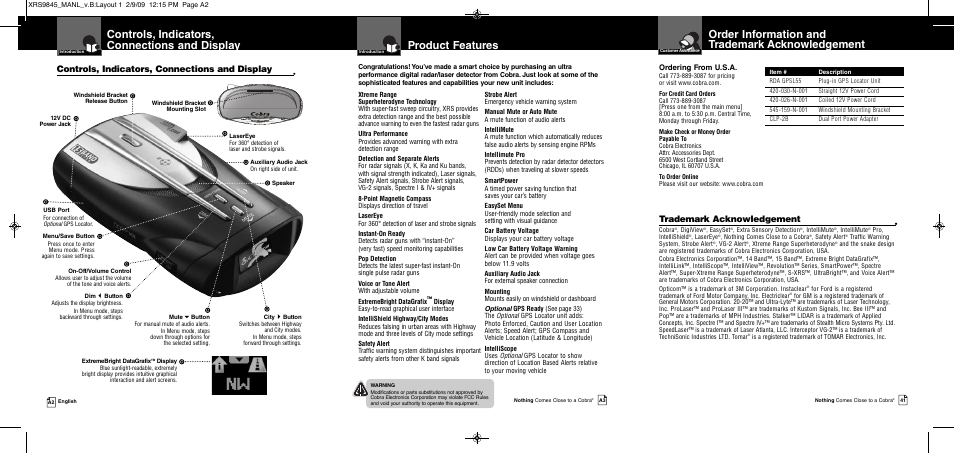 Controls, indicators, connections and display, Product features, Order information and trademark acknowledgement | Trademark acknowledgement, Ordering from u.s.a | Cobra Electronics XRS 9845 User Manual | Page 2 / 23
