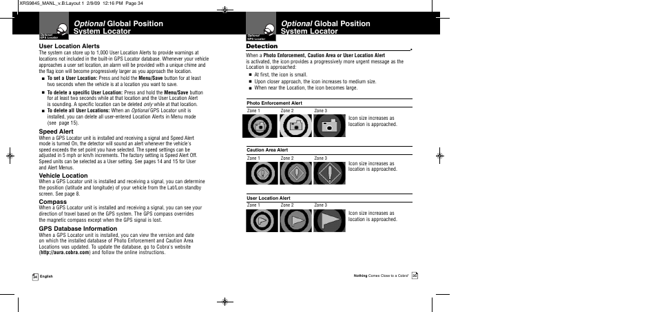 User location alerts, Speed alert, Vehicle location | Compass, Gps database information, Detection | Cobra Electronics XRS 9845 User Manual | Page 20 / 23