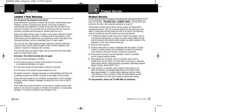 Product service, Warranty, Limited 1-year warranty | Cobra Electronics XRS 9845 User Manual | Page 22 / 23