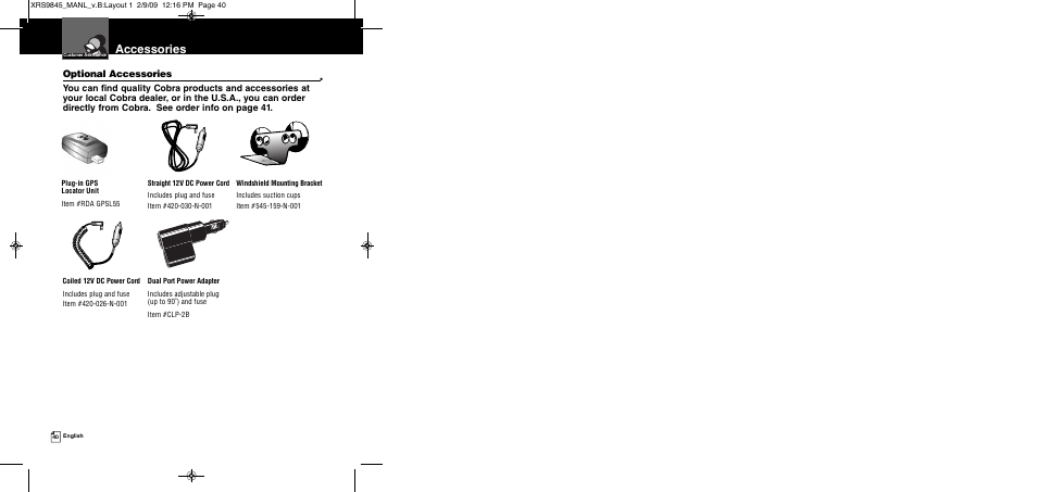 Accessories, Optional accessories | Cobra Electronics XRS 9845 User Manual | Page 23 / 23
