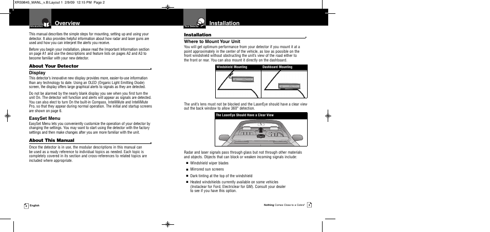 Overview, Installation, About your detector | Display, Easyset menu, About this manual, Where to mount your unit | Cobra Electronics XRS 9845 User Manual | Page 4 / 23