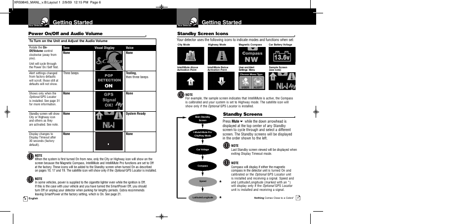 Getting started, Standby screen icons, Power on/off and audio volume | Standby screens, Press mute | Cobra Electronics XRS 9845 User Manual | Page 6 / 23