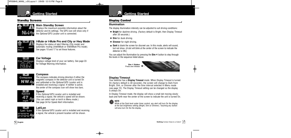 Getting started, Main standby screen, I-mute or i-mute pro and city or hwy mode | Car voltage, Compass, Speed, Lat/lon, Display control, Illumination, Display timeout | Cobra Electronics XRS 9845 User Manual | Page 7 / 23