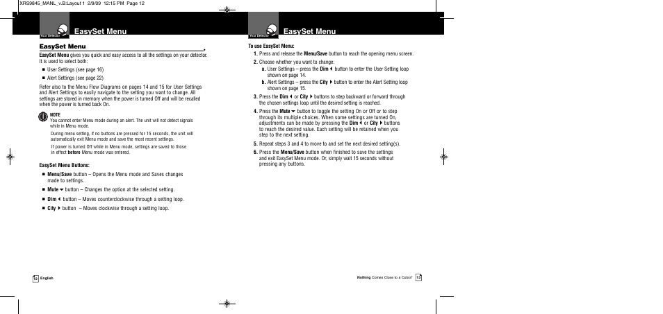 Easyset menu | Cobra Electronics XRS 9845 User Manual | Page 9 / 23