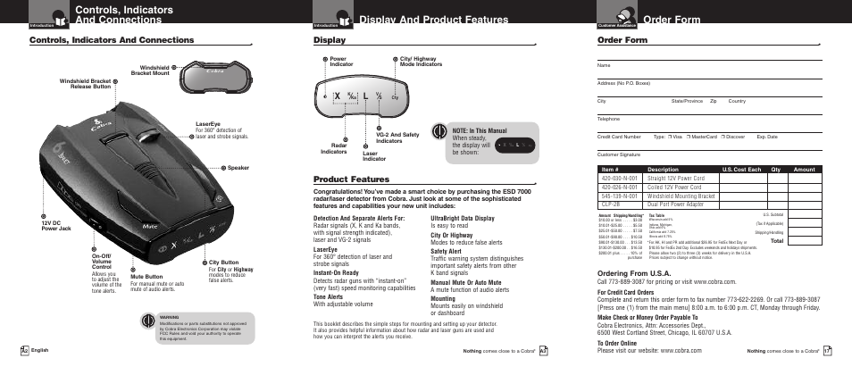 Order form, Display and product features, Controls, indicators and connections | Product features, Display, Ordering from u.s.a | Cobra Electronics ESD 7000 User Manual | Page 2 / 11