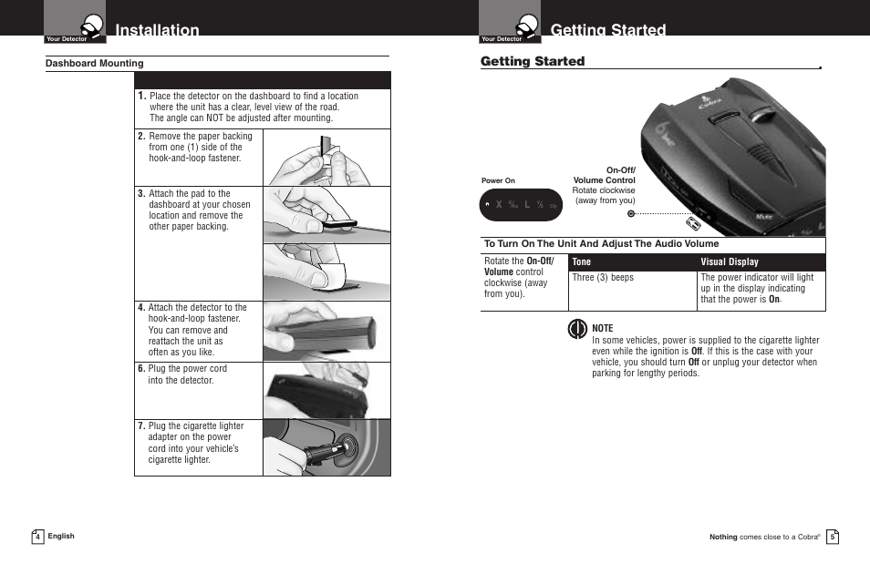 Getting started, Installation | Cobra Electronics ESD 7000 User Manual | Page 5 / 11