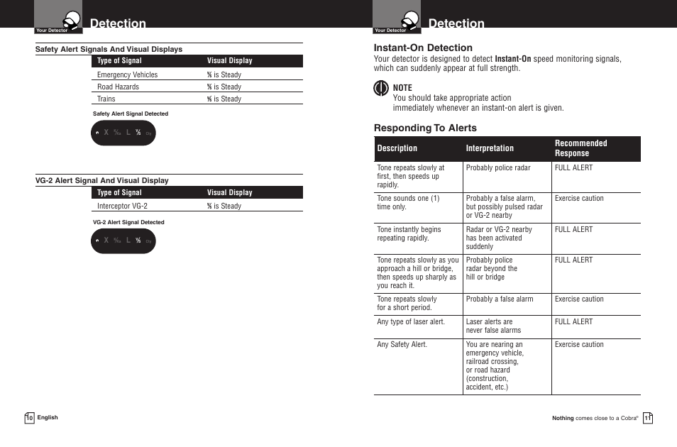 Detection, Instant-on detection, Responding to alerts | Description interpretation recommended response | Cobra Electronics ESD 7000 User Manual | Page 8 / 11