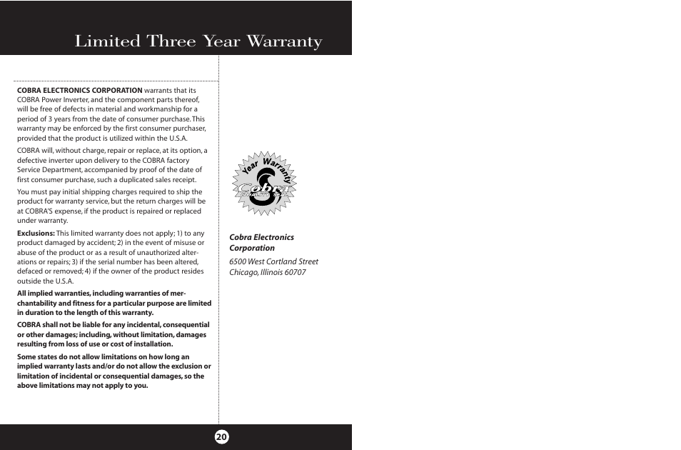 Limited three year warranty | Cobra Electronics PI2000 User Manual | Page 13 / 14