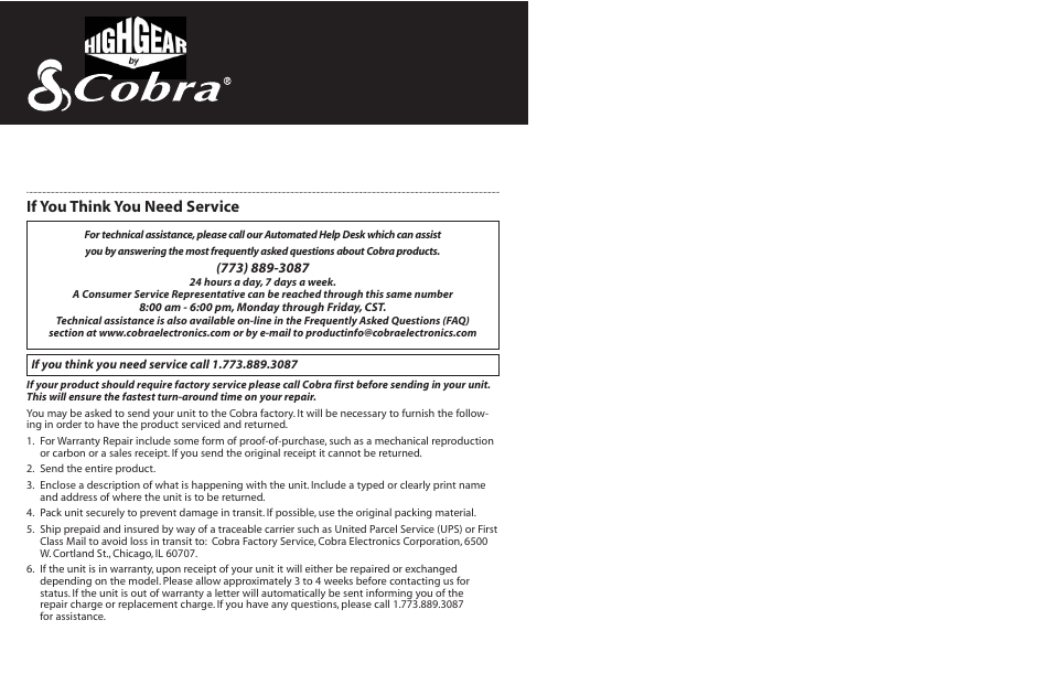 If you think you need service | Cobra Electronics PI2000 User Manual | Page 14 / 14