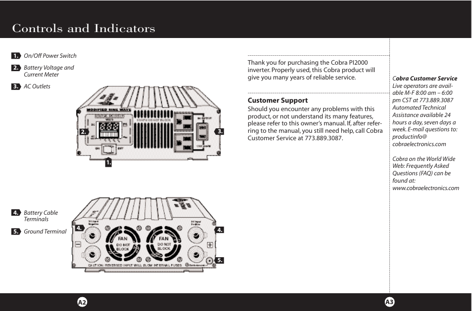 Controls and indicators | Cobra Electronics PI2000 User Manual | Page 2 / 14