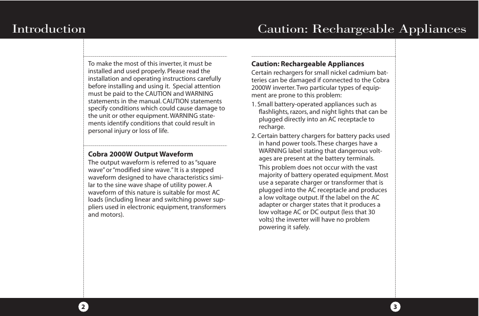 Caution: rechargeable appliances, Introduction | Cobra Electronics PI2000 User Manual | Page 4 / 14