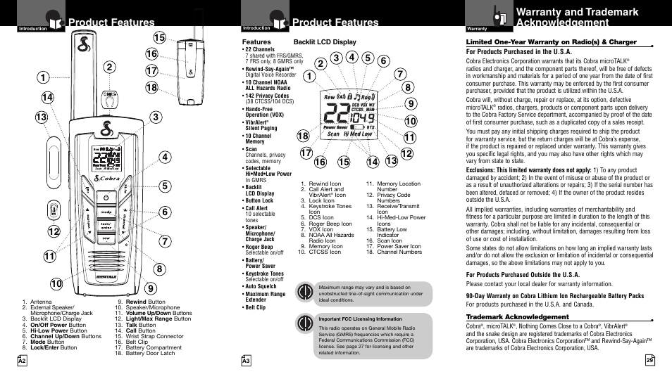 Product features, Warranty and trademark acknowledgement | Cobra Electronics microTALK CXR900 User Manual | Page 2 / 17