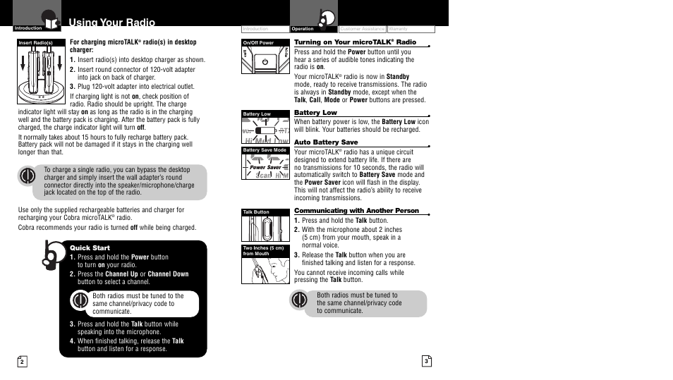 Using your radio | Cobra Electronics microTALK CXR900 User Manual | Page 4 / 17