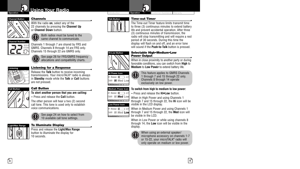 Using your radio, Li 73 00 | Cobra Electronics microTALK CXR900 User Manual | Page 5 / 17
