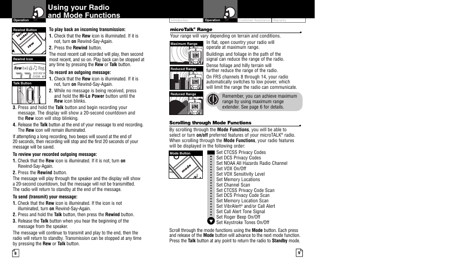 Using your radio and mode functions, Li 73 00 | Cobra Electronics microTALK CXR900 User Manual | Page 7 / 17