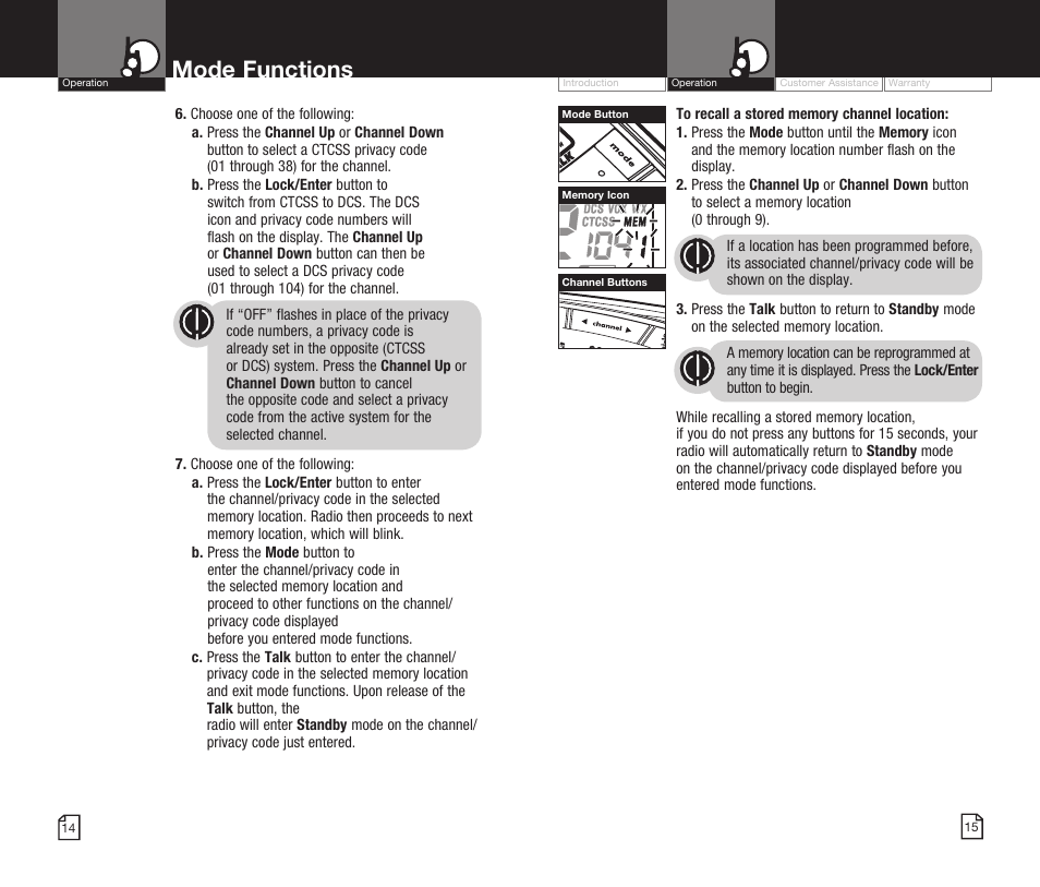 Mode functions | Cobra Electronics MICROTALK CXR825 User Manual | Page 10 / 17