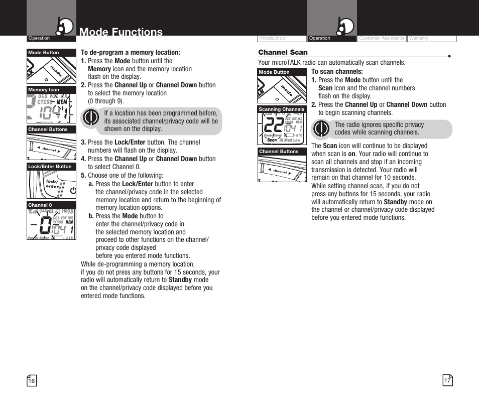 Mode functions | Cobra Electronics MICROTALK CXR825 User Manual | Page 11 / 17