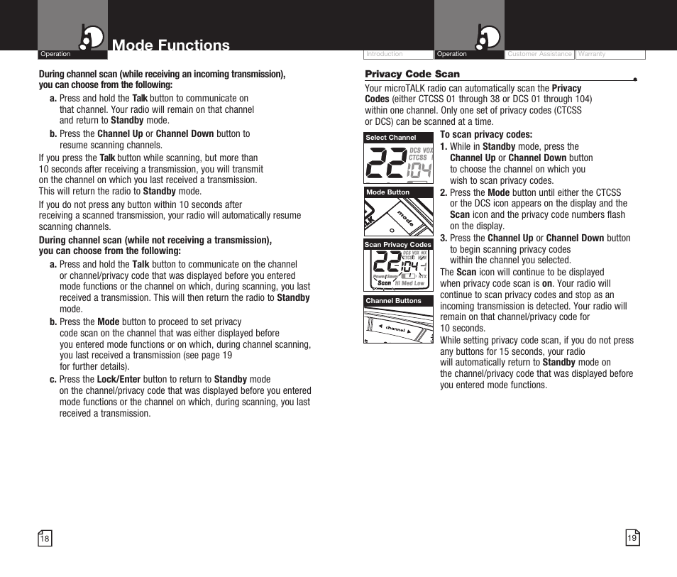 Mode functions | Cobra Electronics MICROTALK CXR825 User Manual | Page 12 / 17