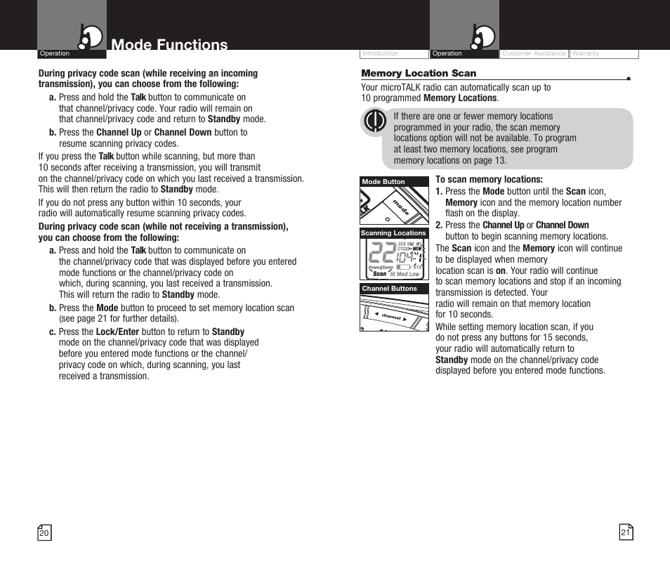 Mode functions | Cobra Electronics MICROTALK CXR825 User Manual | Page 13 / 17