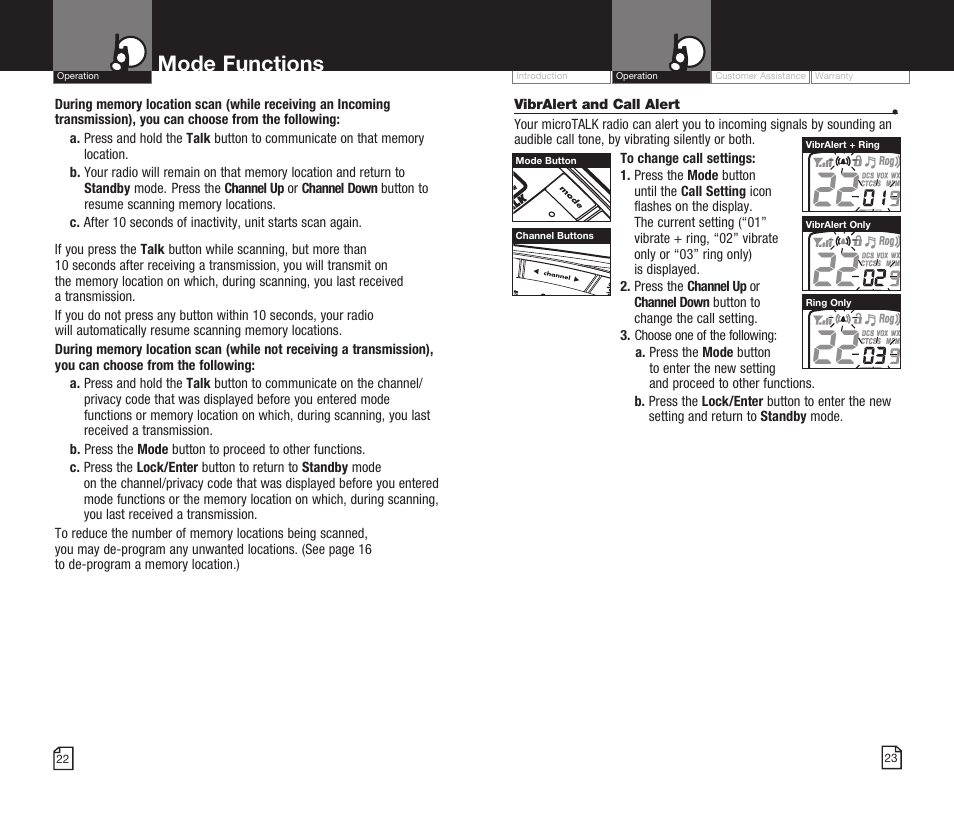 Mode functions | Cobra Electronics MICROTALK CXR825 User Manual | Page 14 / 17