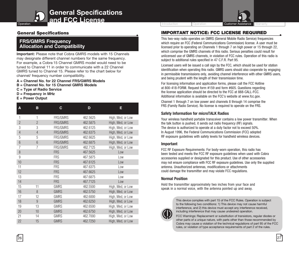 General specifications and fcc license, Frs/gmrs frequency allocation and compatibility | Cobra Electronics MICROTALK CXR825 User Manual | Page 16 / 17
