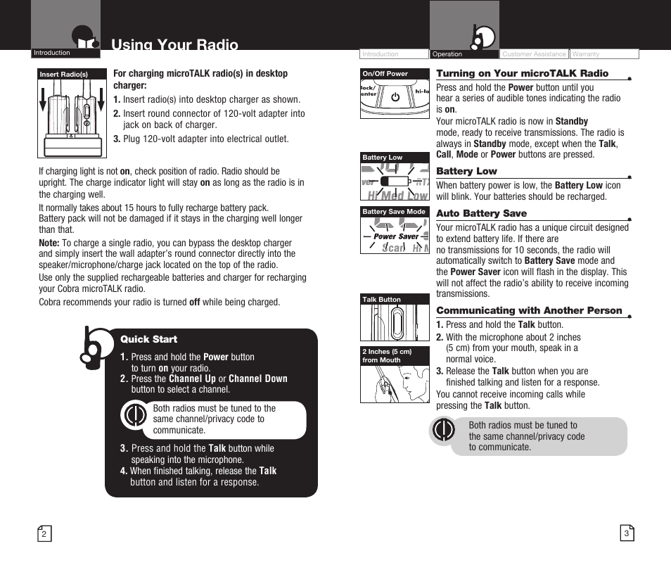 Using your radio | Cobra Electronics MICROTALK CXR825 User Manual | Page 4 / 17